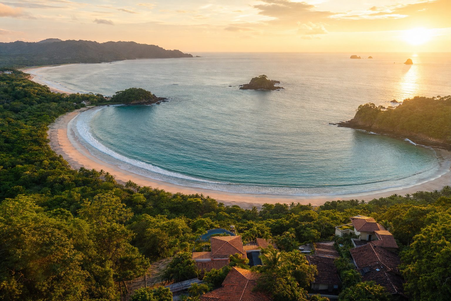 Aerial view of Costa Rica's Gold Coast at golden hour — turquoise bay, golden sand, and tropical headlands near Flamingo and Playa Conchal