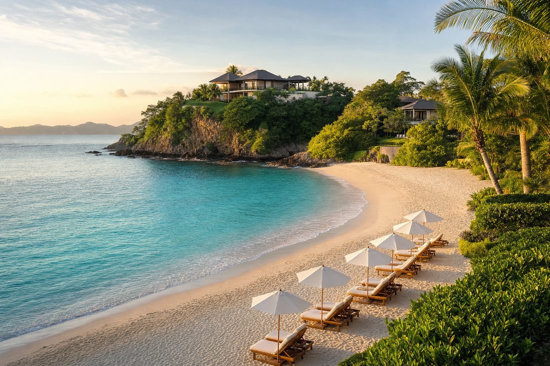 Refined beachfront with loungers and a hillside villa at Playa Flamingo and Conchal, Costa Rica