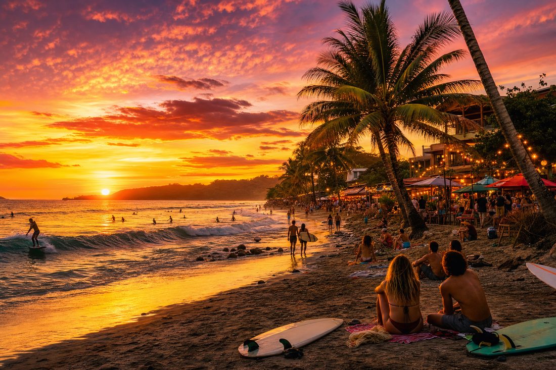 Vibrant sunset beach scene at Tamarindo, Costa Rica with surfers and palm trees