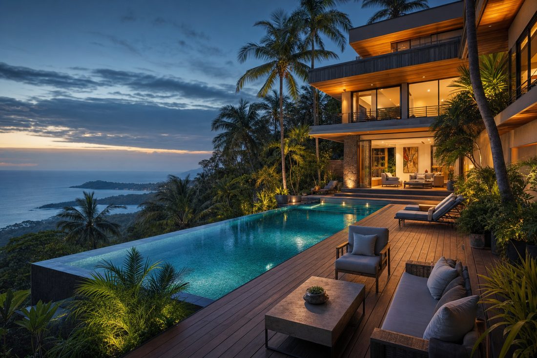 Luxury mountain-top ocean-view villa with infinity pool in Costa Rica at dusk
