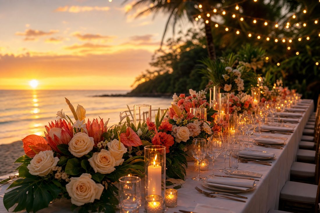 Elegant beachfront destination wedding reception at sunset on Costa Rica's Gold Coast